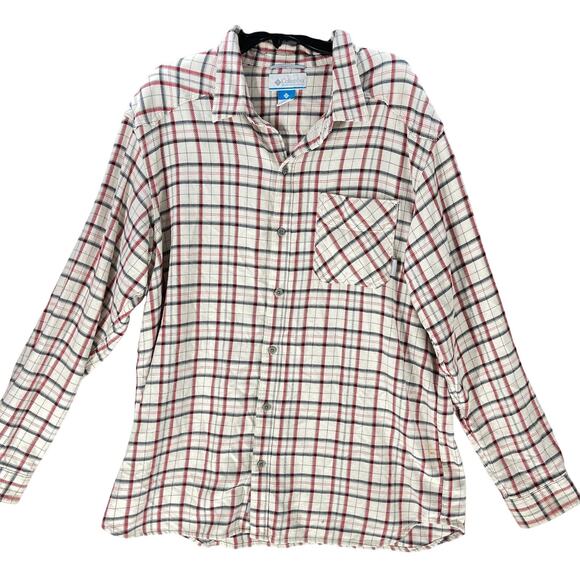 Columbia Button Up Shirt Mens 2XL Beige Red Plaid Long Sleeves 100% Cotton FLAW - Picture 1 of 8